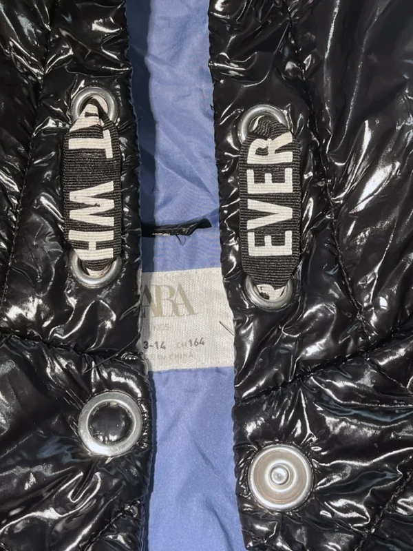 Zara Kids Girls Black Vinyl Puffer Jacket, Size 13-14, Excellent Condition